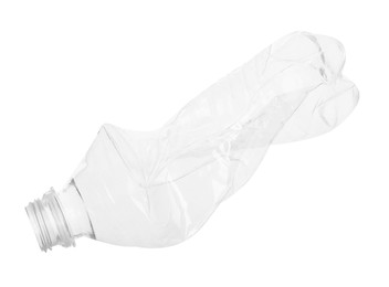 Photo of One crumpled plastic bottle isolated on white