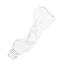 Photo of One crumpled plastic bottle isolated on white