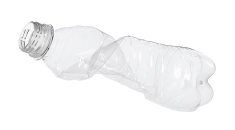 Photo of One crumpled plastic bottle isolated on white