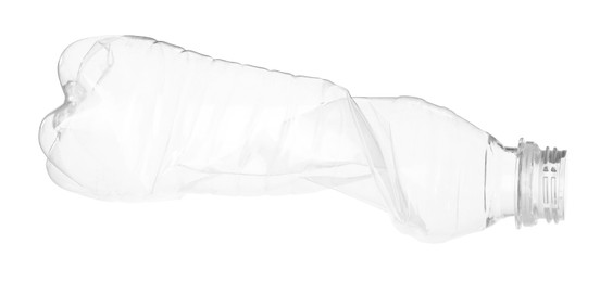 Photo of One crumpled plastic bottle isolated on white