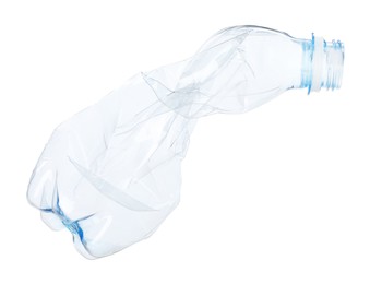 Photo of One crumpled plastic bottle isolated on white