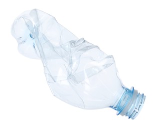 Photo of One crumpled plastic bottle isolated on white