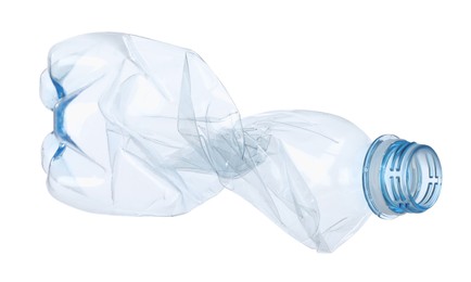 Photo of One crumpled plastic bottle isolated on white