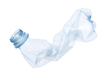 Photo of One crumpled plastic bottle isolated on white