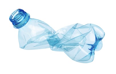 Photo of One crumpled plastic bottle isolated on white