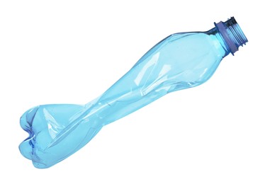 Photo of One crumpled plastic bottle isolated on white