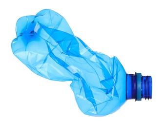 Photo of One crumpled plastic bottle isolated on white