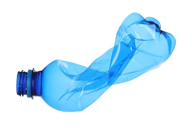 Photo of One crumpled plastic bottle isolated on white