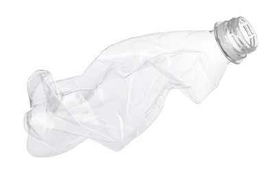 Photo of One crumpled plastic bottle isolated on white