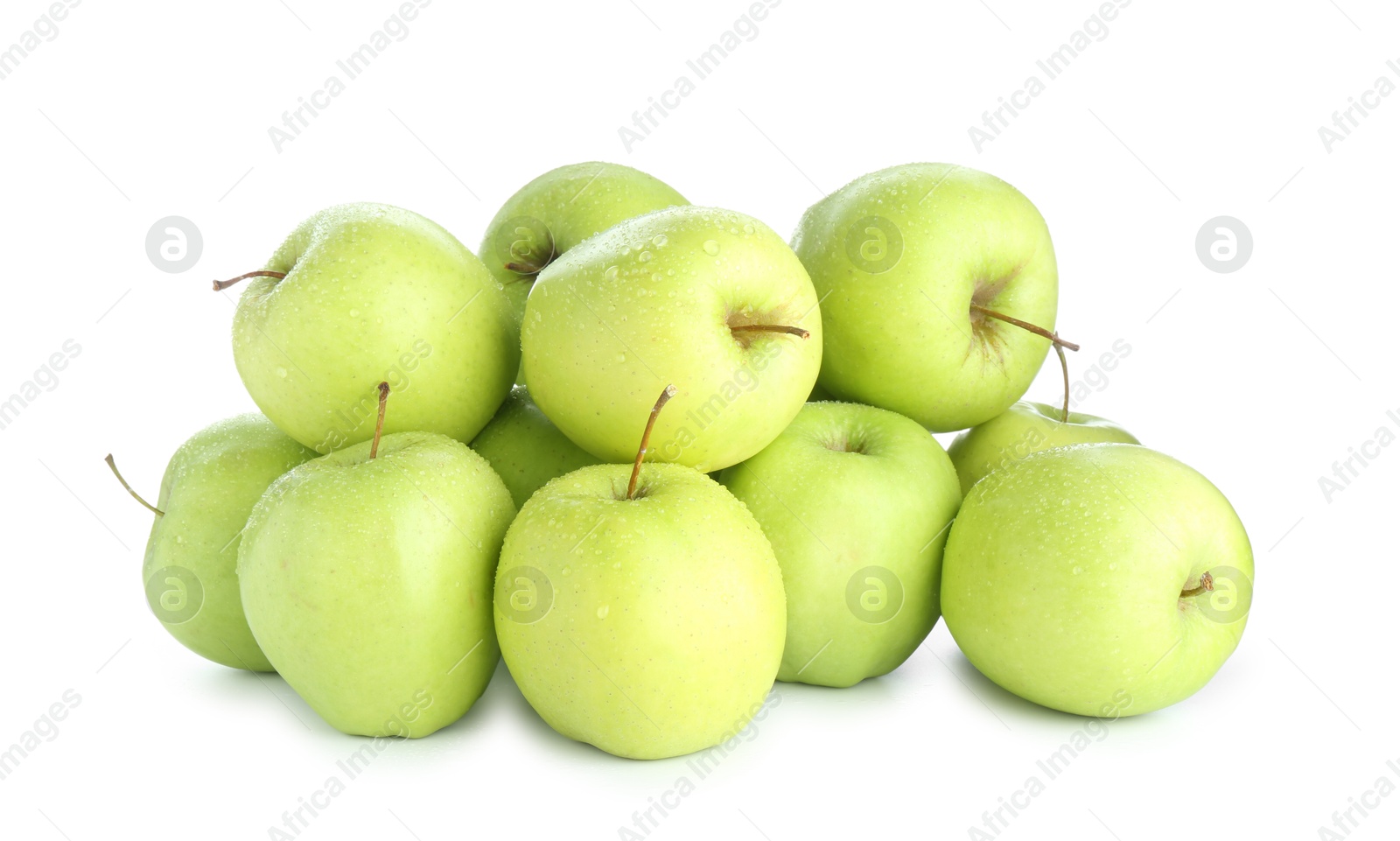 Photo of Many fresh green apples isolated on white