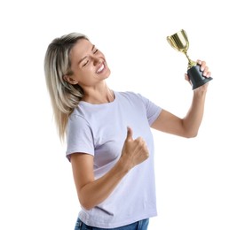 Photo of Happy winner with golden trophy cup on white background