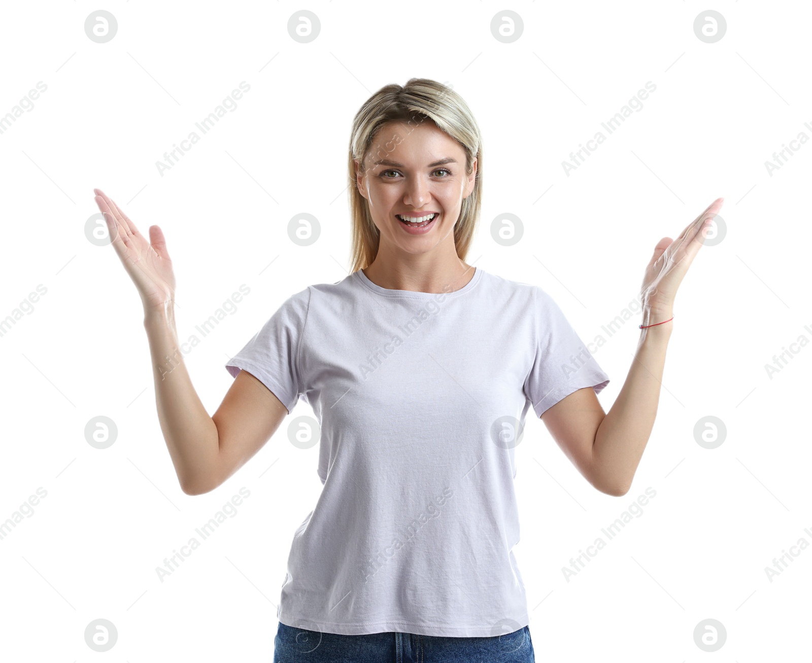 Photo of Portrait of happy winner on white background