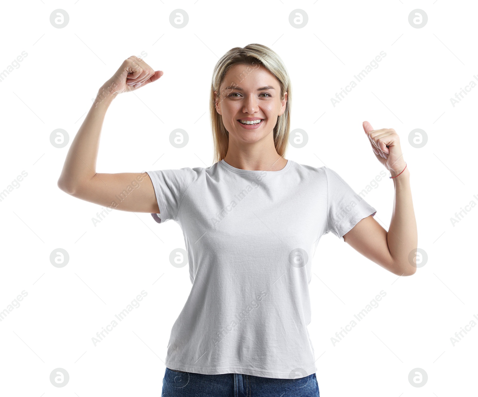 Photo of Portrait of happy winner on white background