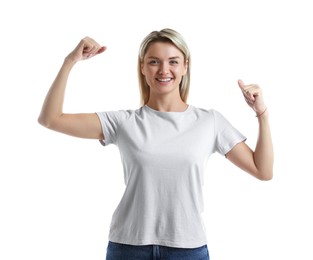 Photo of Portrait of happy winner on white background