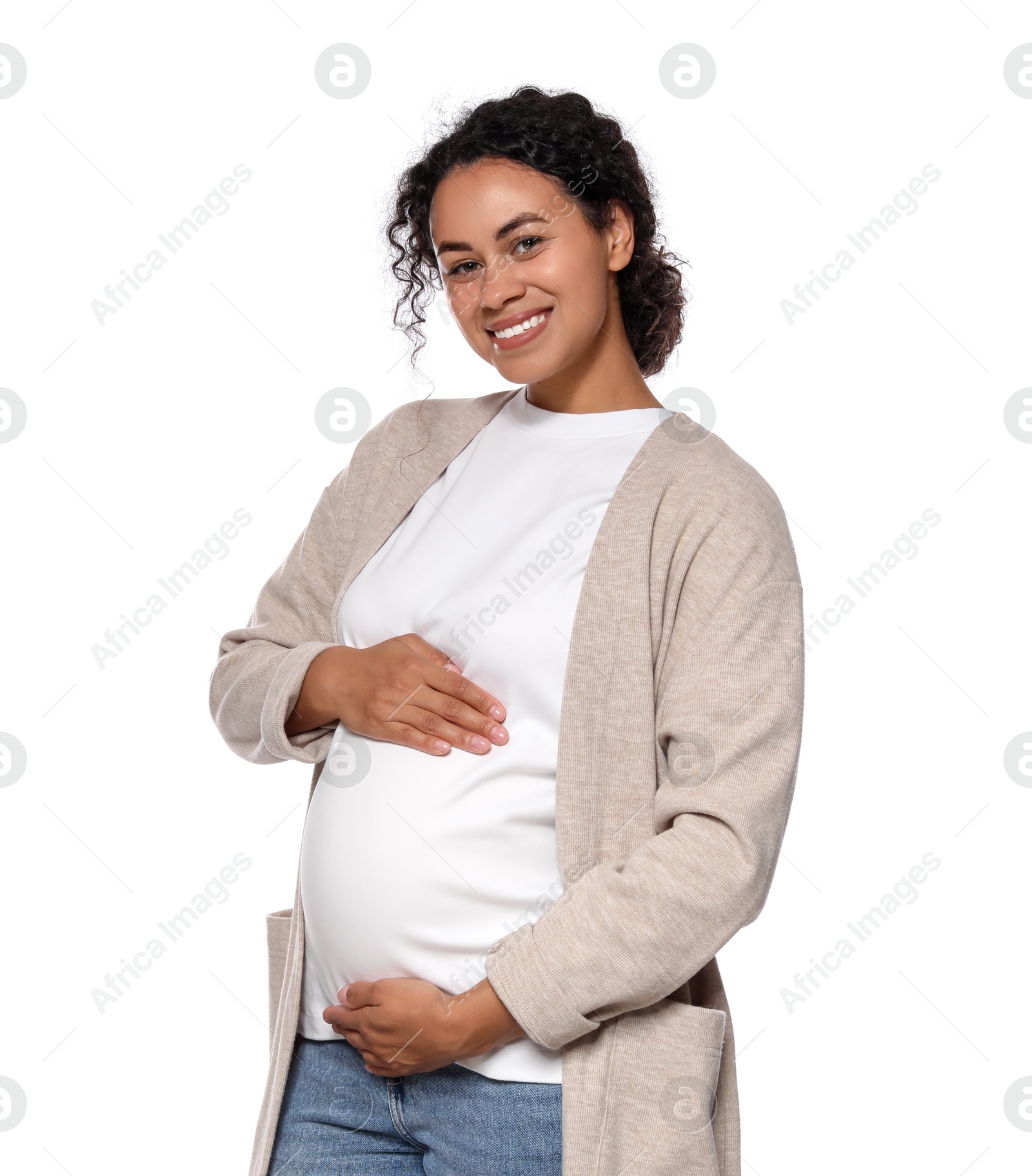 Photo of Portrait of beautiful pregnant woman on white background