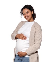 Portrait of beautiful pregnant woman on white background