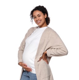 Photo of Portrait of beautiful pregnant woman on white background