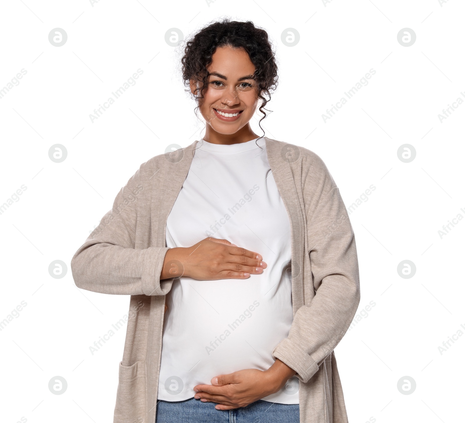 Photo of Portrait of beautiful pregnant woman on white background