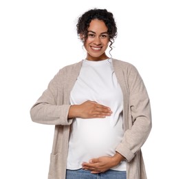 Portrait of beautiful pregnant woman on white background