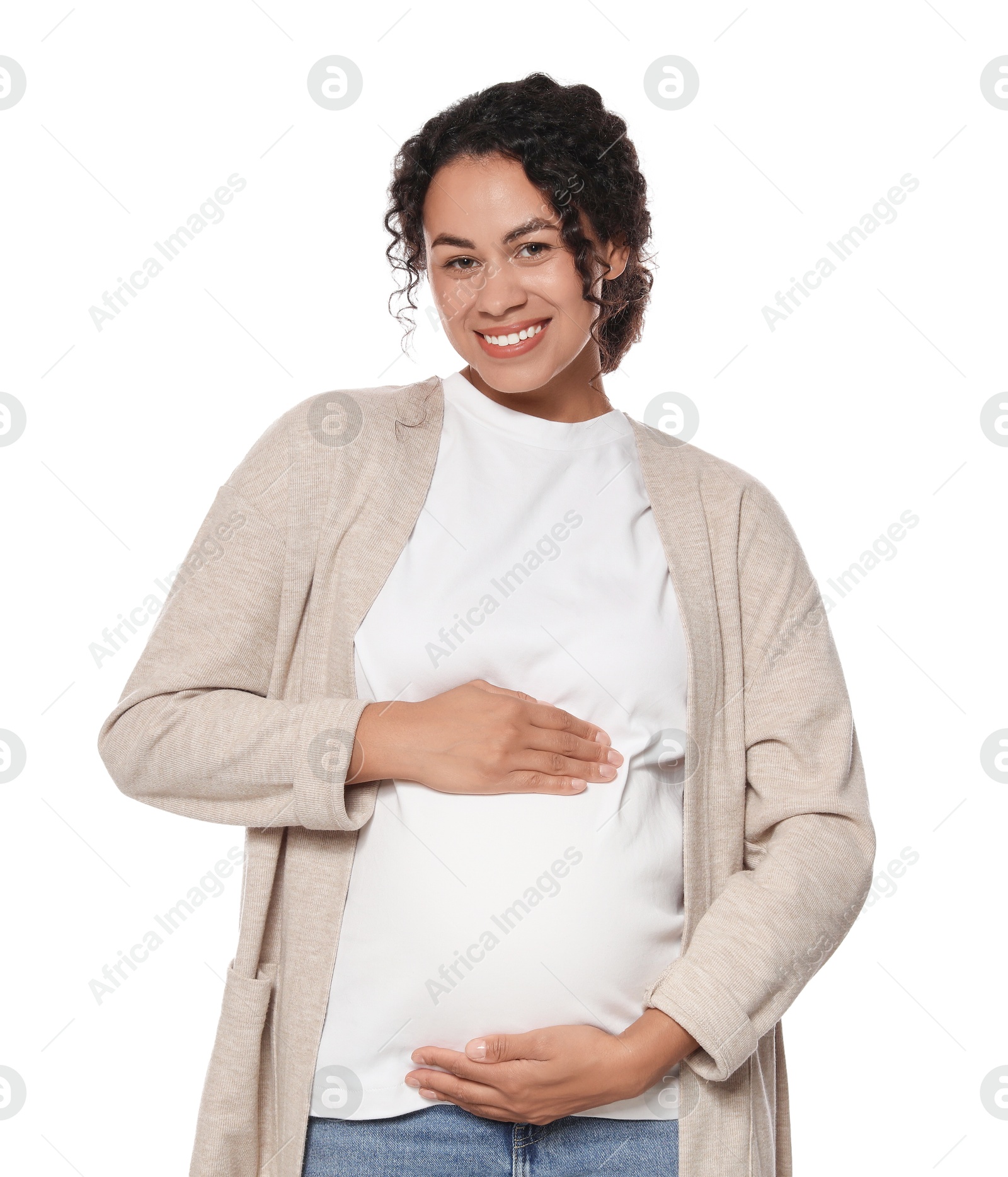 Photo of Portrait of beautiful pregnant woman on white background