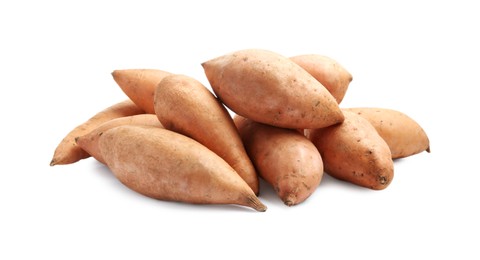 Photo of Fresh raw sweet potatoes isolated on white