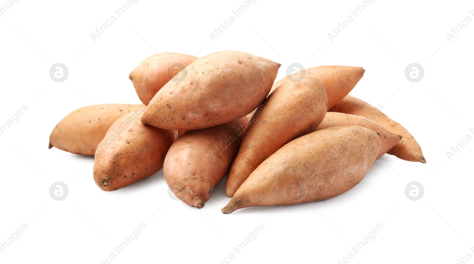 Photo of Fresh raw sweet potatoes isolated on white