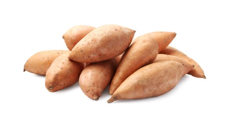 Photo of Fresh raw sweet potatoes isolated on white