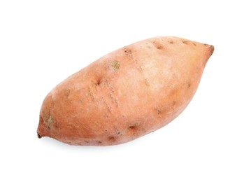 Photo of Fresh raw sweet potato isolated on white, top view