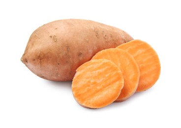 Photo of Fresh raw sweet potatoes isolated on white