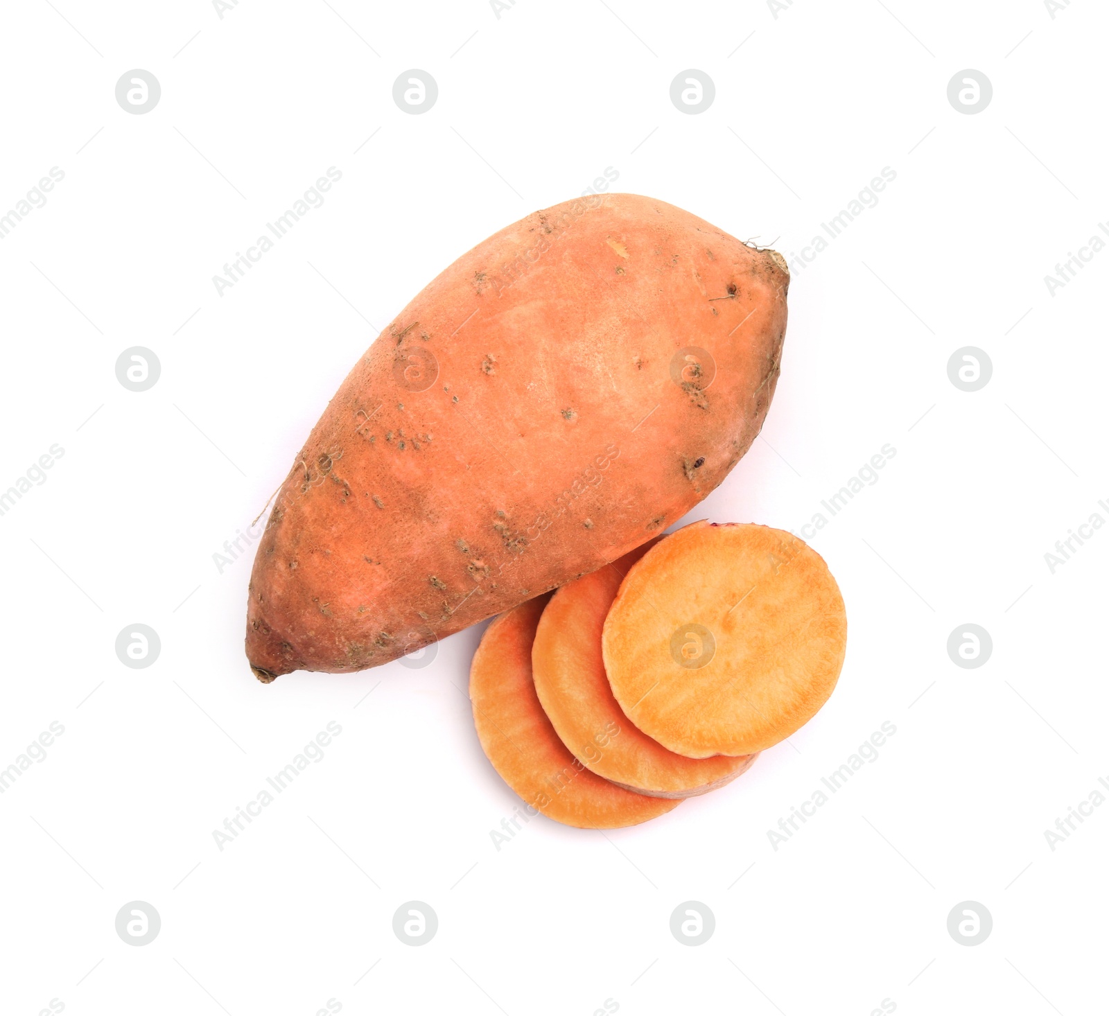 Photo of Fresh raw sweet potatoes isolated on white, top view