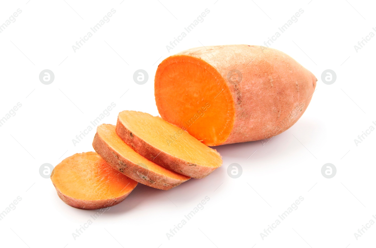 Photo of Cut raw sweet potato isolated on white