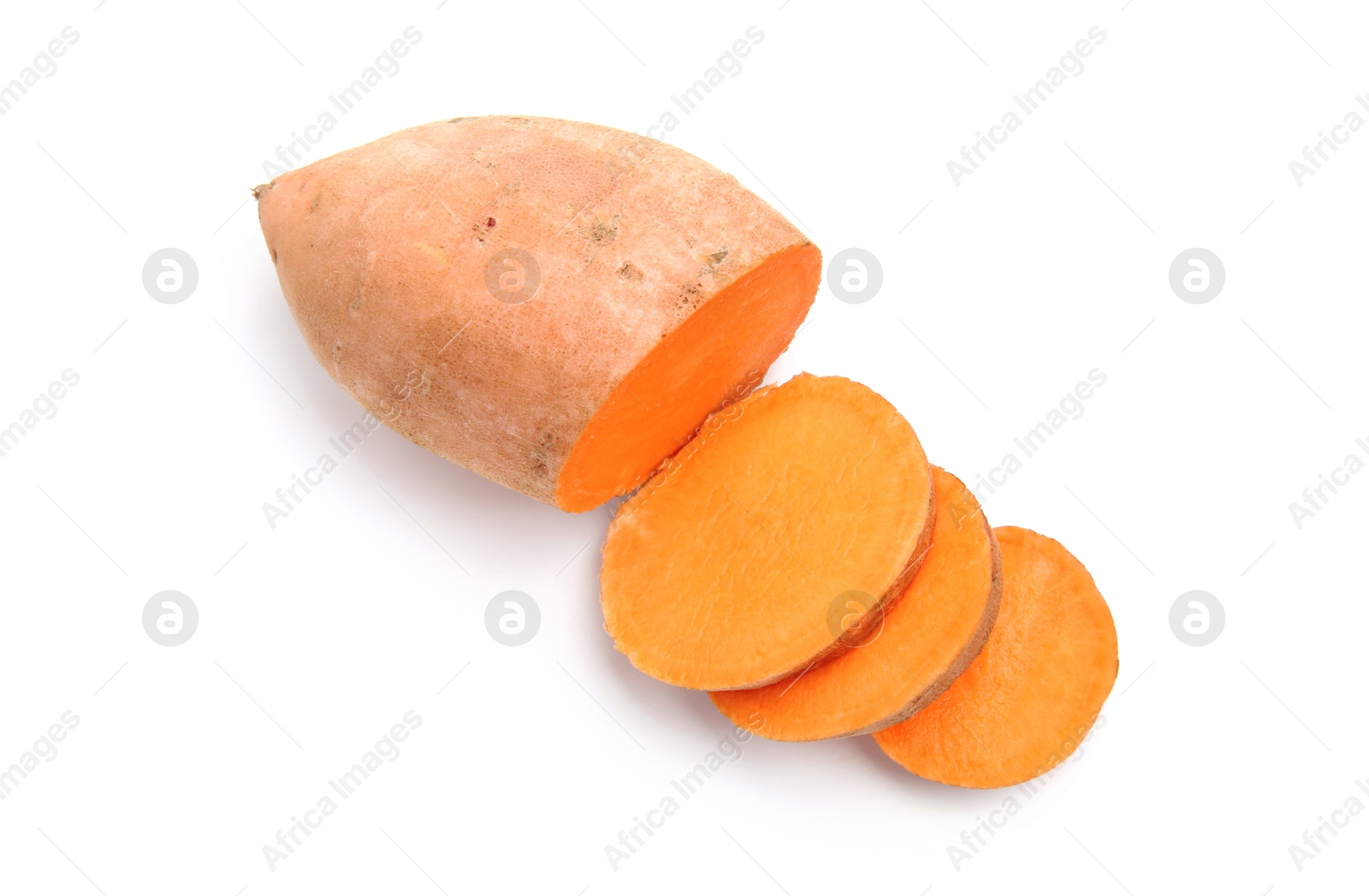 Photo of Cut raw sweet potato isolated on white, top view