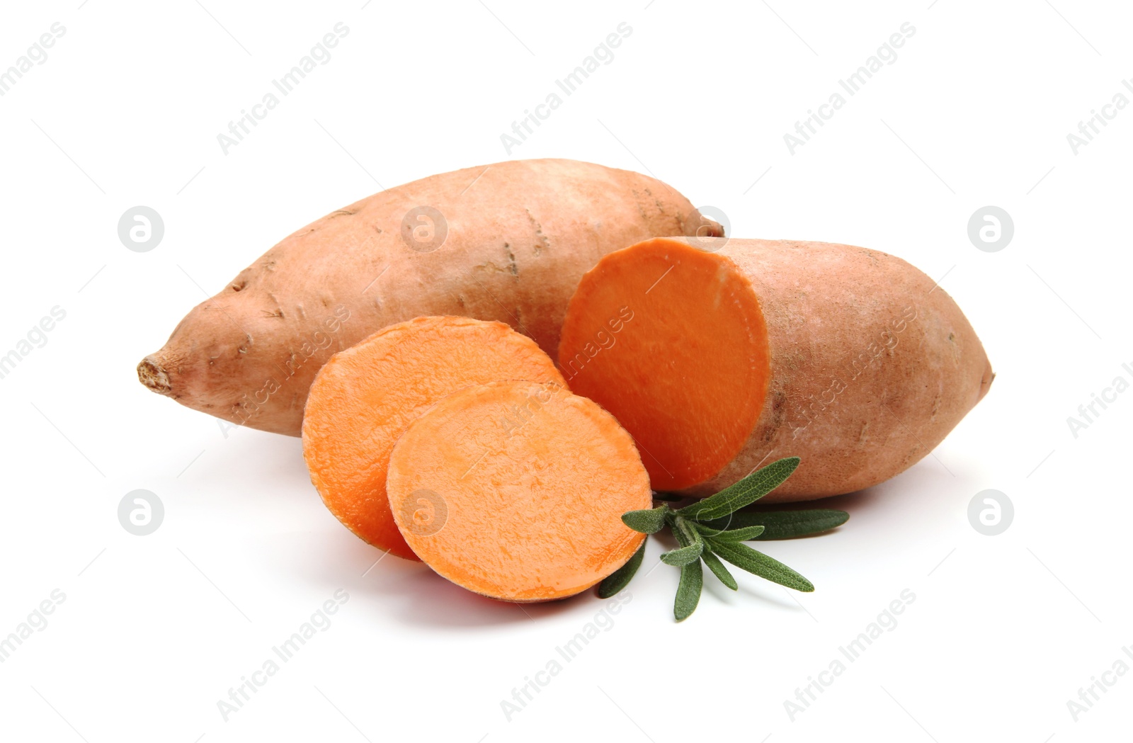 Photo of Fresh raw sweet potatoes and rosemary isolated on white