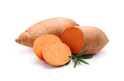 Photo of Fresh raw sweet potatoes and rosemary isolated on white