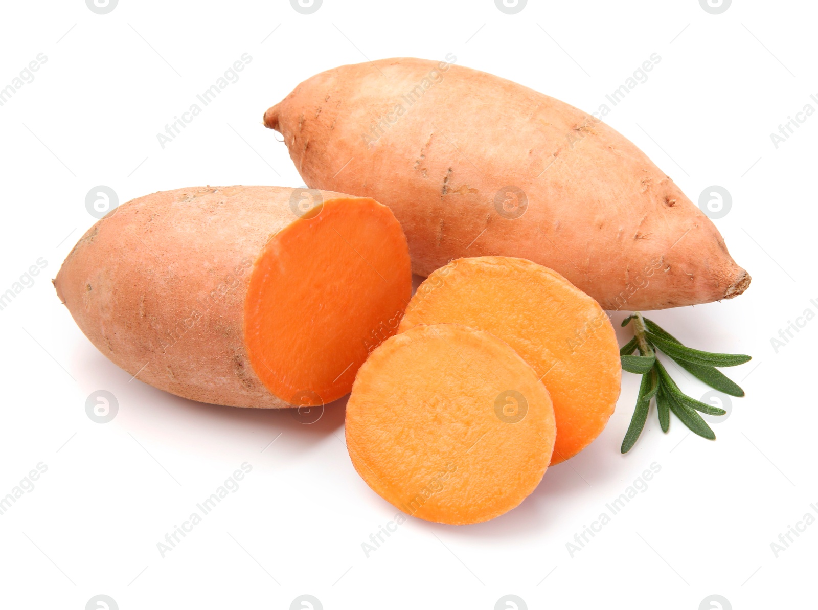 Photo of Fresh raw sweet potatoes and rosemary isolated on white