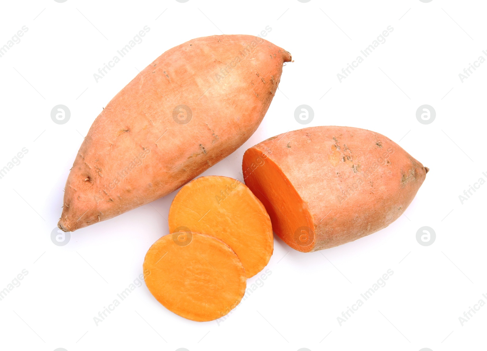 Photo of Fresh raw sweet potatoes isolated on white, top view