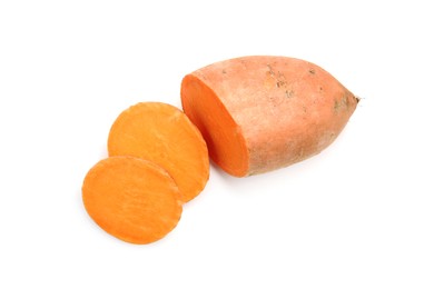 Photo of Cut raw sweet potato isolated on white, top view