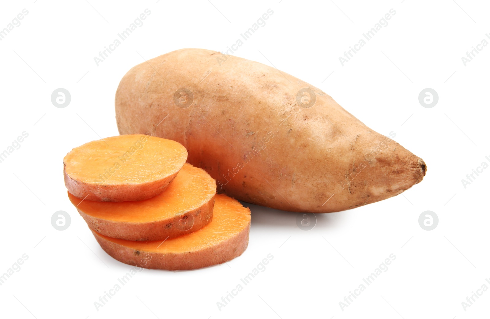 Photo of Fresh raw sweet potatoes isolated on white