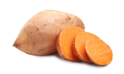 Photo of Fresh raw sweet potatoes isolated on white