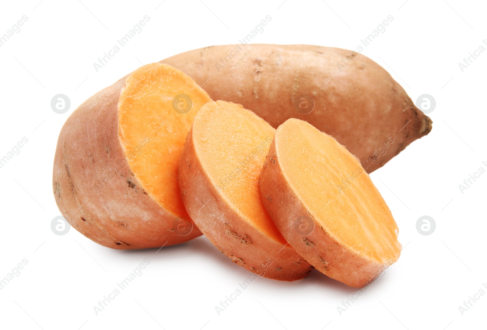 Photo of Fresh raw sweet potatoes isolated on white