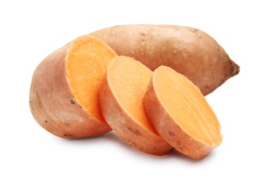 Photo of Fresh raw sweet potatoes isolated on white