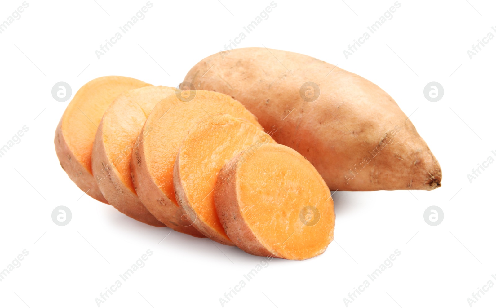 Photo of Fresh raw sweet potatoes isolated on white