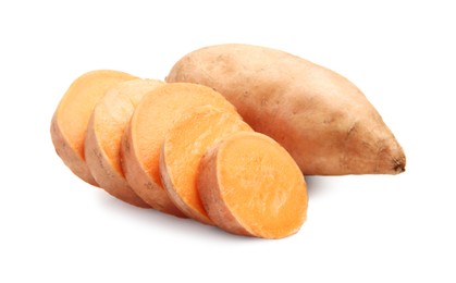 Photo of Fresh raw sweet potatoes isolated on white