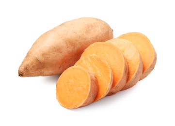 Photo of Fresh raw sweet potatoes isolated on white