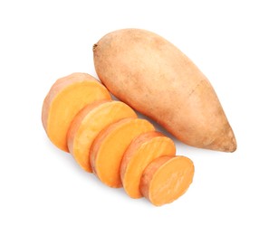 Photo of Fresh raw sweet potatoes isolated on white, top view