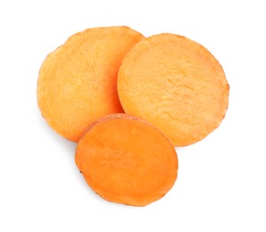 Photo of Pieces of raw sweet potato isolated on white, top view