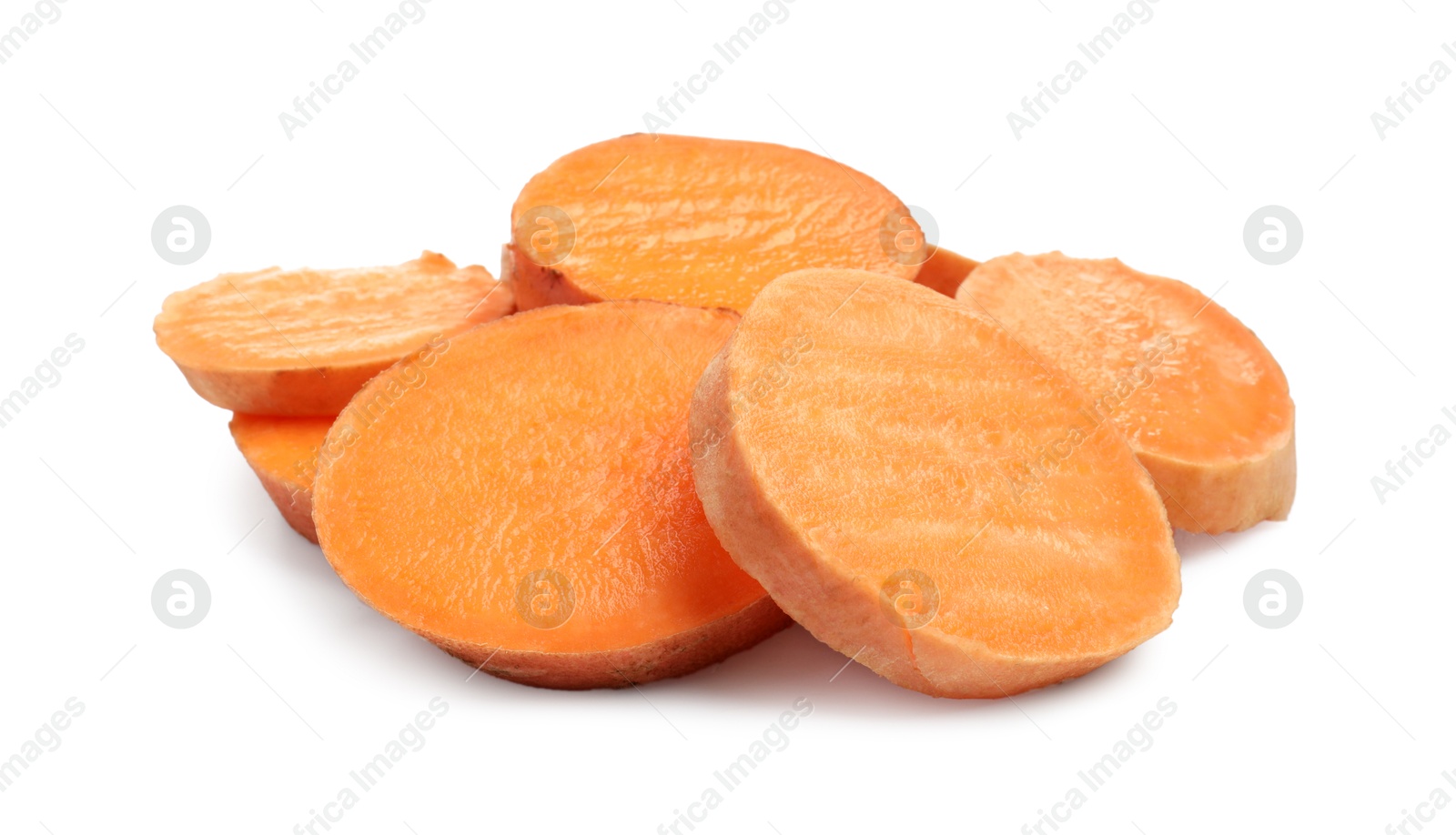 Photo of Pieces of raw sweet potato isolated on white