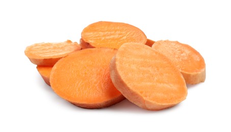 Photo of Pieces of raw sweet potato isolated on white