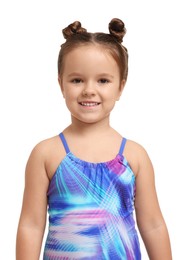 Cute little girl in swimsuit on white background