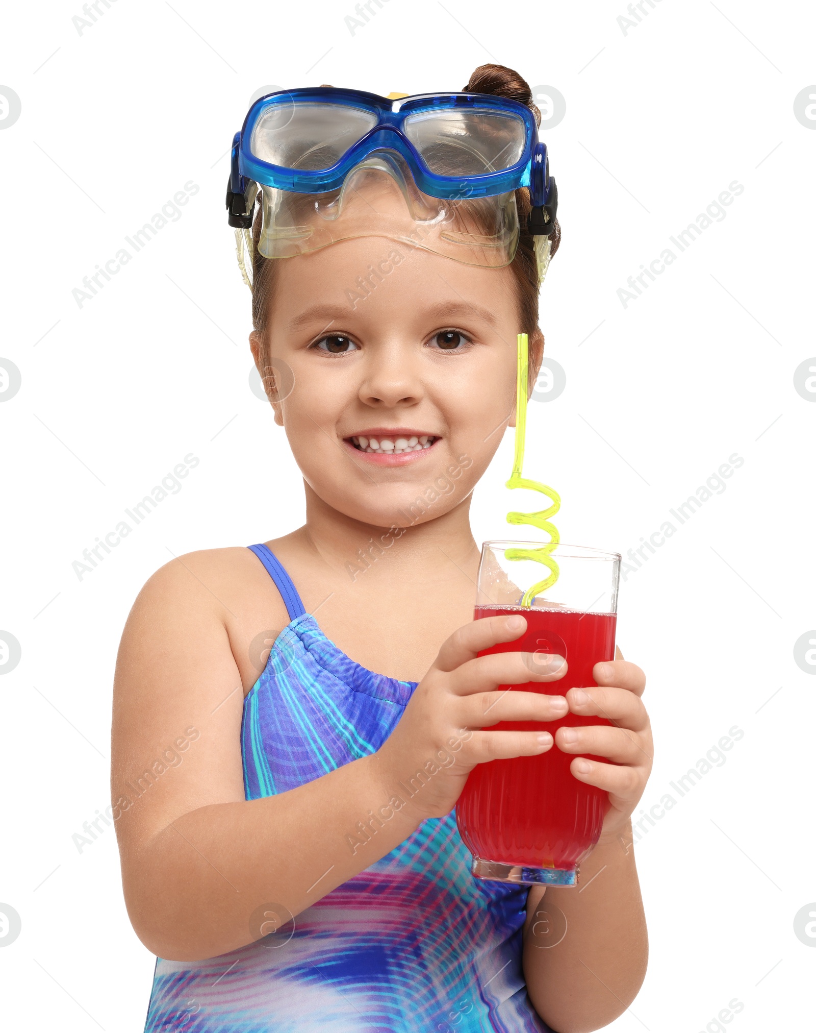 Photo of Cute little girl in swimsuit with drink on white background